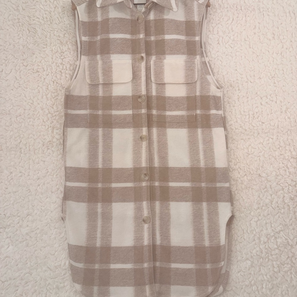 Long Plaid Sleeveless Button-Up Vest